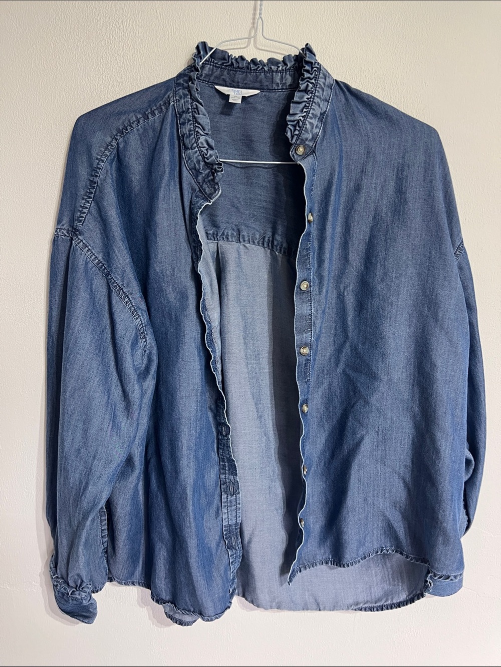 Time and Tru Blue Ruffle-Trim Denim Button Down Shirt